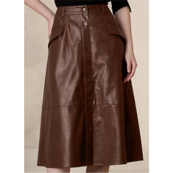 NWT Banana Republic Factory Vegan Faux Leather Brown A Line Button Midi Skirt 2 - Picture 1 of 16